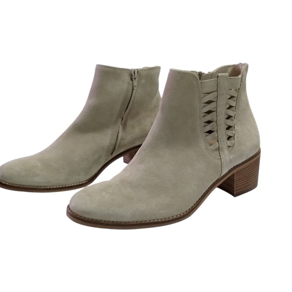 Paul Green Vienna Chelsea Boots Beige Suede Block Heel cutout Lattice Boho 7.5